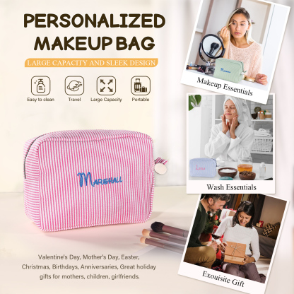 Striped Embroidered Cosmetic Case Personalised Name Makeup Bag Preppy Toiletry Pouch Seersucker Makeup Bag Bridal Sorority Gifts