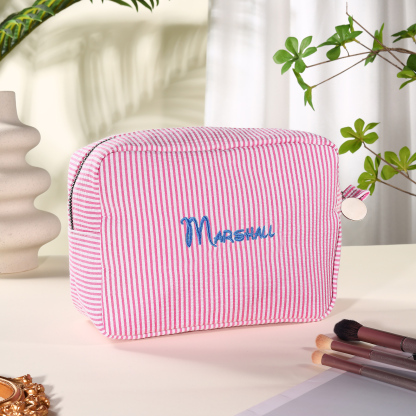 Striped Embroidered Cosmetic Case Personalised Name Makeup Bag Preppy Toiletry Pouch Seersucker Makeup Bag Bridal Sorority Gifts