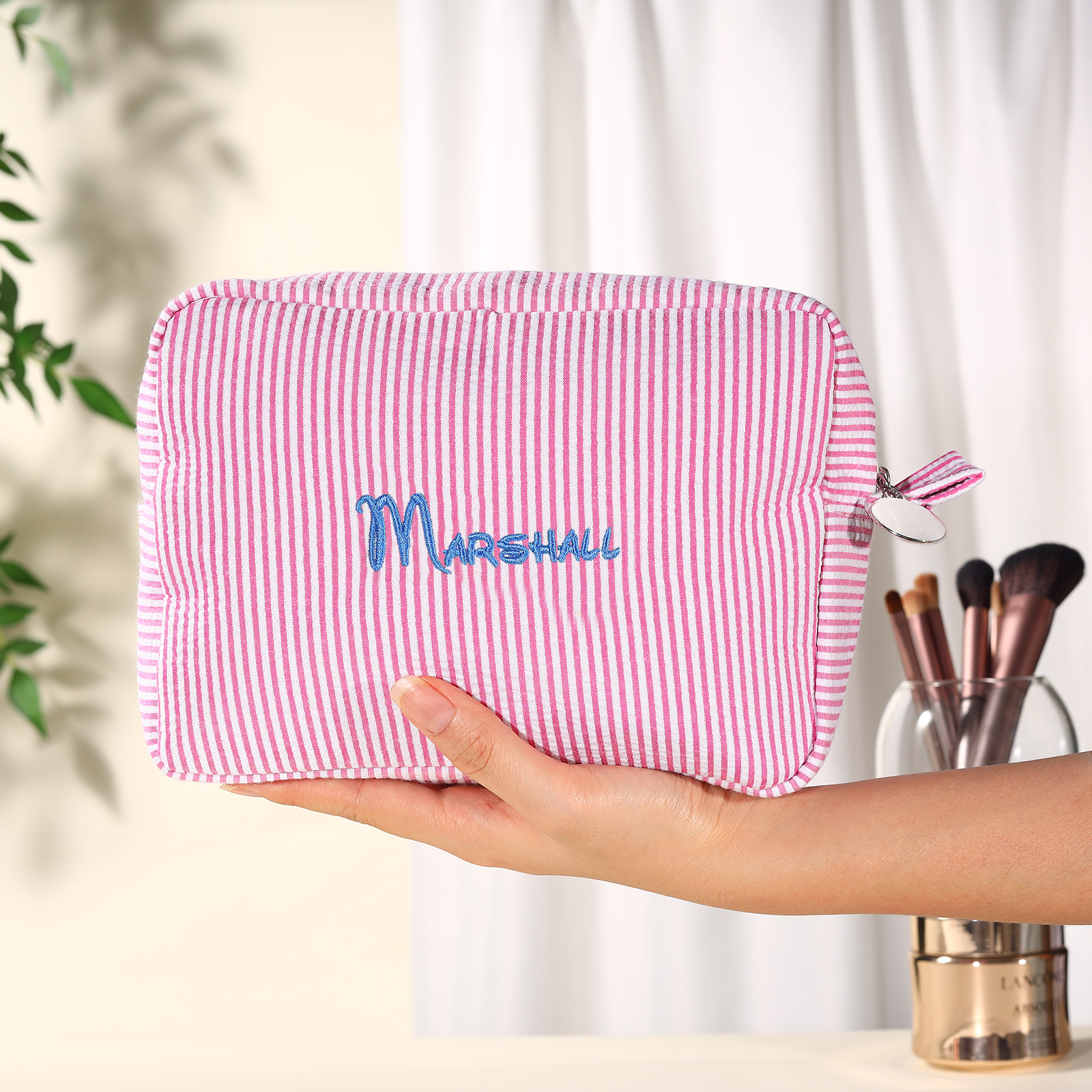 Striped Embroidered Cosmetic Case Personalised Name Makeup Bag Preppy Toiletry Pouch Seersucker Makeup Bag Bridal Sorority Gifts