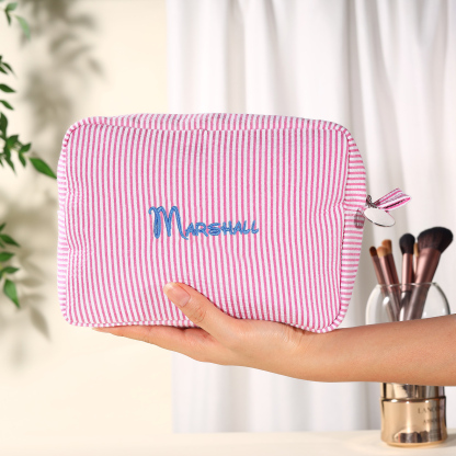 Striped Embroidered Cosmetic Case Personalised Name Makeup Bag Preppy Toiletry Pouch Seersucker Makeup Bag Bridal Sorority Gifts