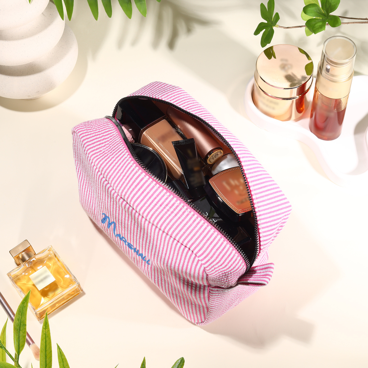Striped Embroidered Cosmetic Case Personalised Name Makeup Bag Preppy Toiletry Pouch Seersucker Makeup Bag Bridal Sorority Gifts
