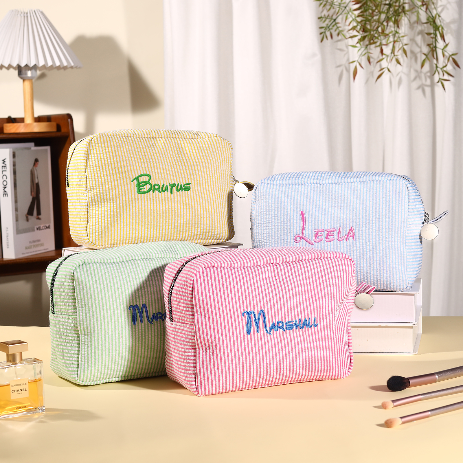 Striped Embroidered Cosmetic Case Personalised Name Makeup Bag Preppy Toiletry Pouch Seersucker Makeup Bag Bridal Sorority Gifts