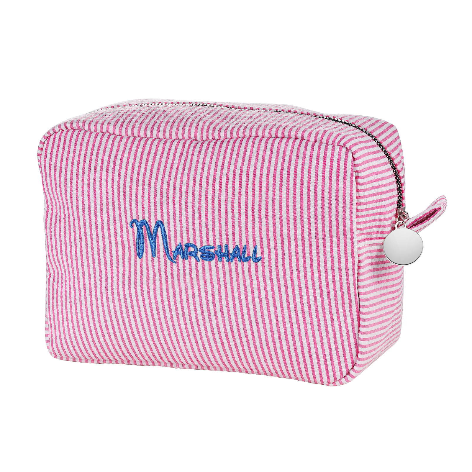 Striped Embroidered Cosmetic Case Personalised Name Makeup Bag Preppy Toiletry Pouch Seersucker Makeup Bag Bridal Sorority Gifts