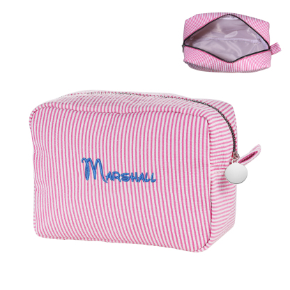 Striped Embroidered Cosmetic Case Personalised Name Makeup Bag Preppy Toiletry Pouch Seersucker Makeup Bag Bridal Sorority Gifts