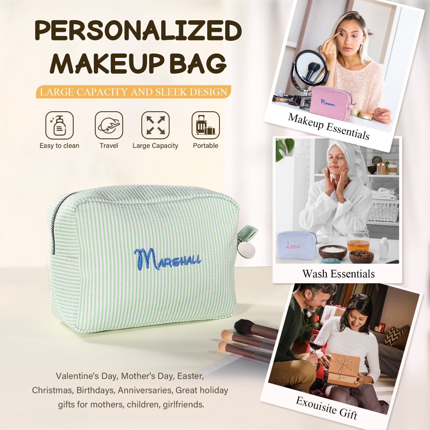 Striped Embroidered Cosmetic Case Personalised Name Makeup Bag Preppy Toiletry Pouch Seersucker Makeup Bag Bridal Sorority Gifts