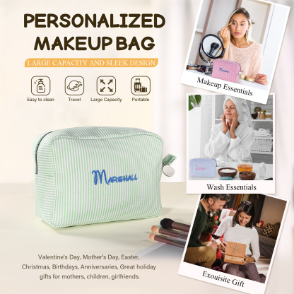 Striped Embroidered Cosmetic Case Personalised Name Makeup Bag Preppy Toiletry Pouch Seersucker Makeup Bag Bridal Sorority Gifts