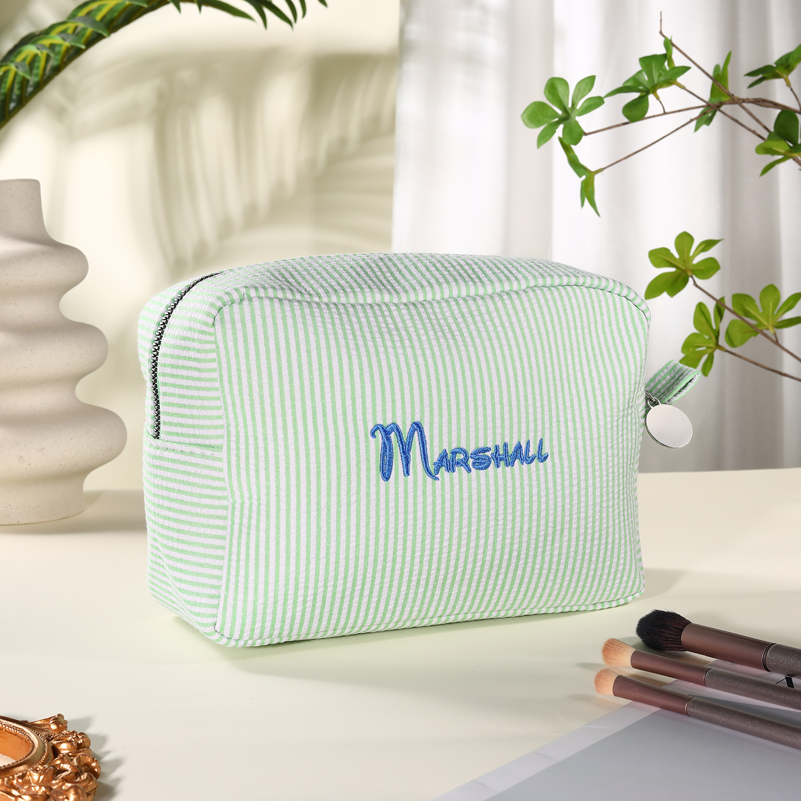 Striped Embroidered Cosmetic Case Personalised Name Makeup Bag Preppy Toiletry Pouch Seersucker Makeup Bag Bridal Sorority Gifts