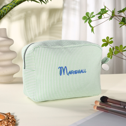 Striped Embroidered Cosmetic Case Personalised Name Makeup Bag Preppy Toiletry Pouch Seersucker Makeup Bag Bridal Sorority Gifts