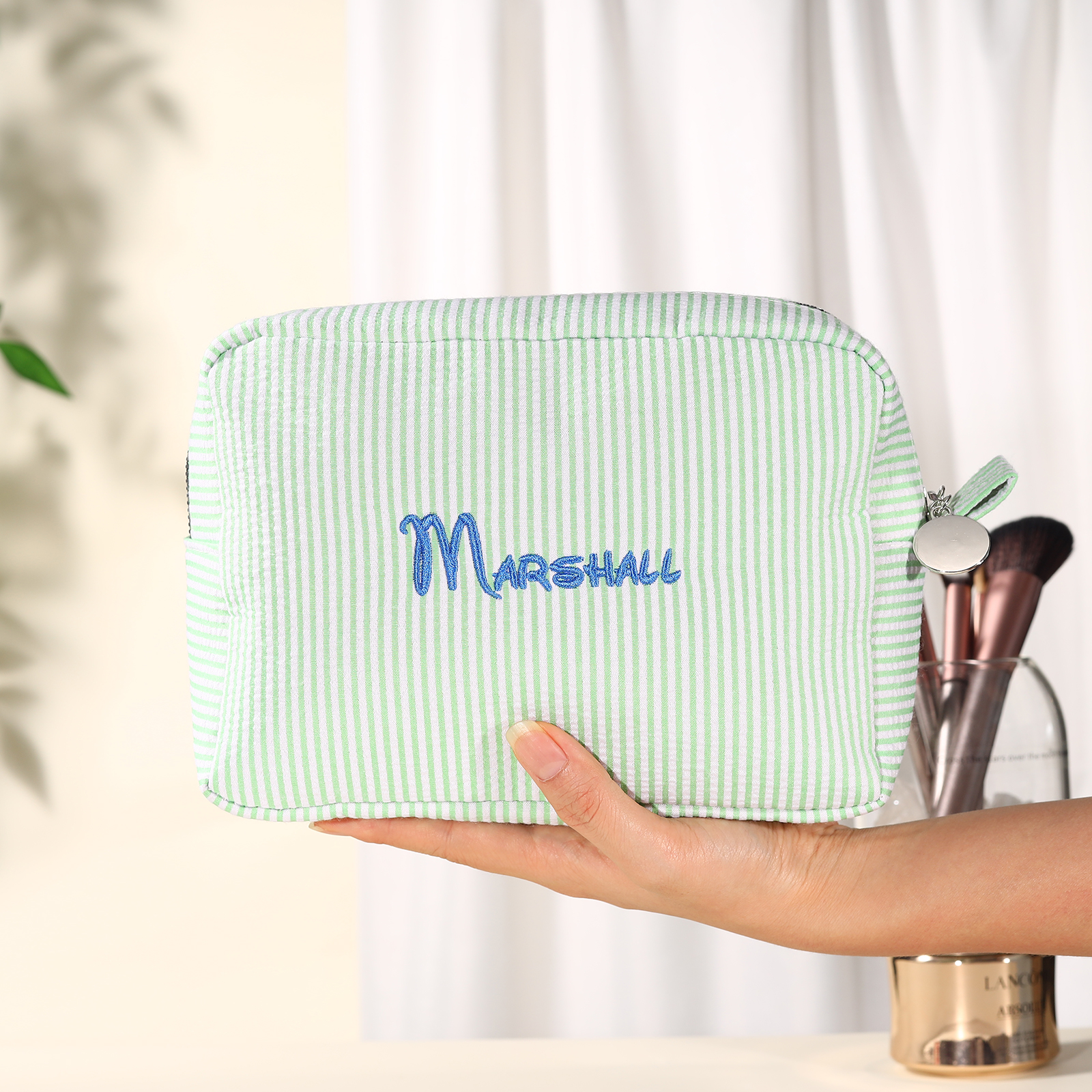 Striped Embroidered Cosmetic Case Personalised Name Makeup Bag Preppy Toiletry Pouch Seersucker Makeup Bag Bridal Sorority Gifts