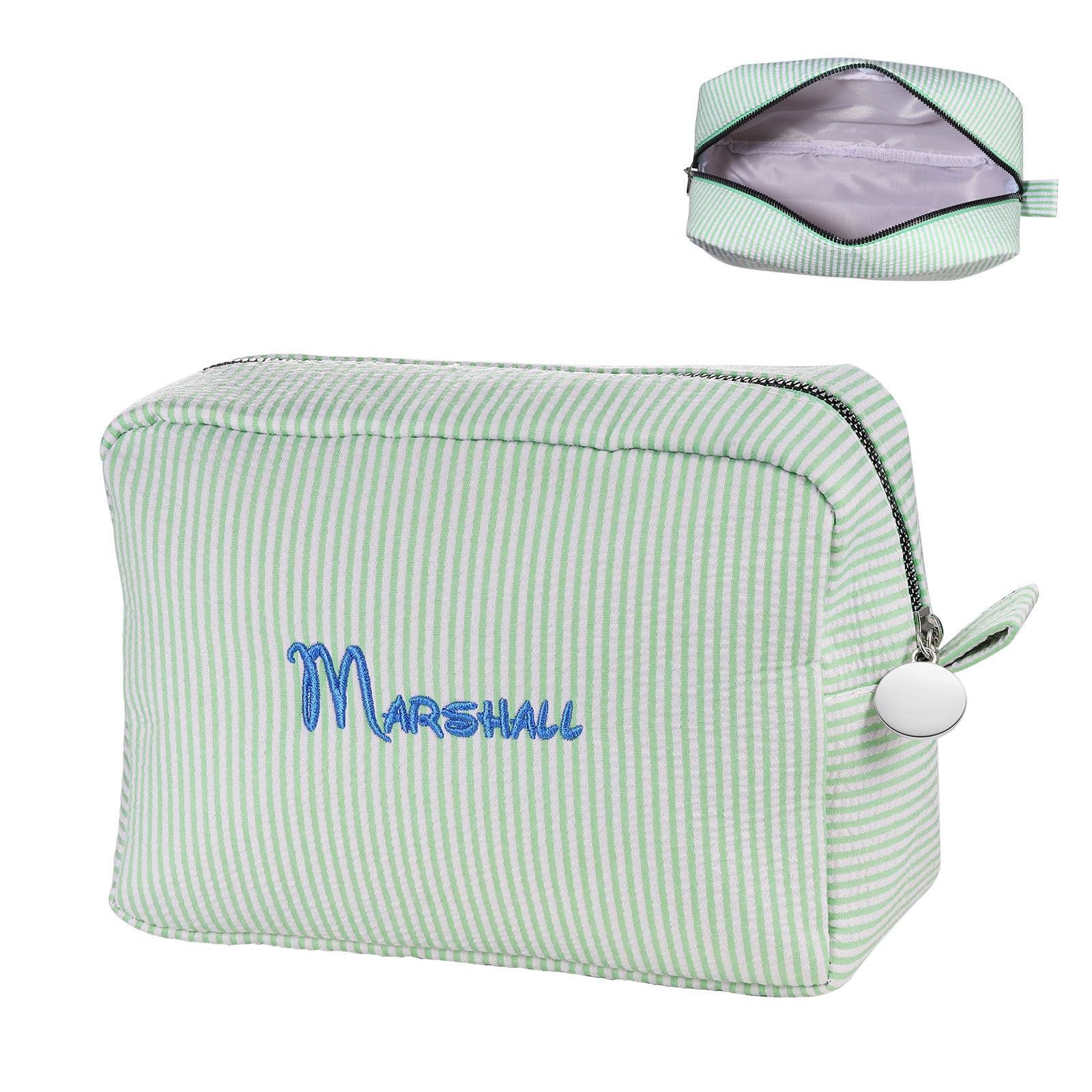 Striped Embroidered Cosmetic Case Personalised Name Makeup Bag Preppy Toiletry Pouch Seersucker Makeup Bag Bridal Sorority Gifts
