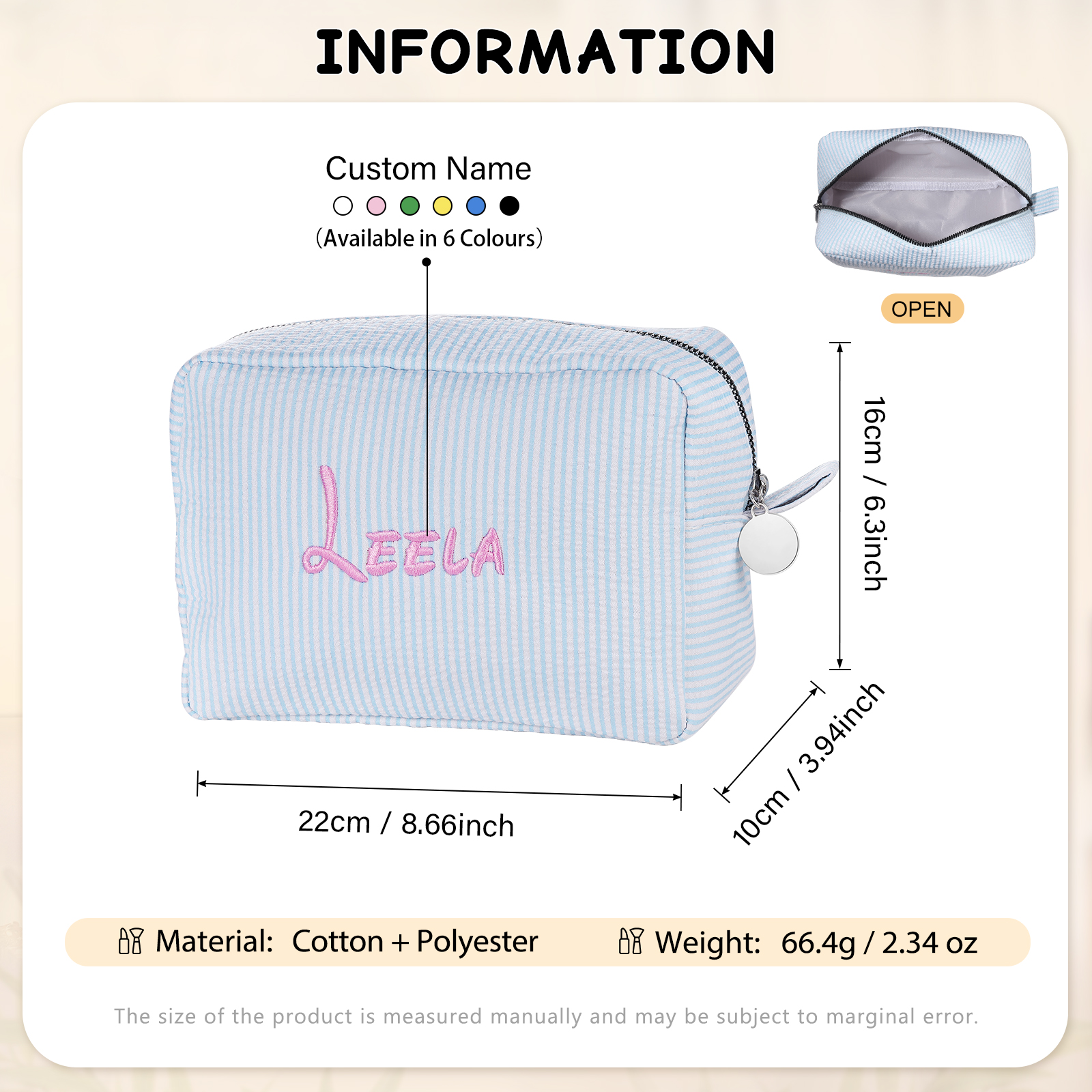 Striped Embroidered Cosmetic Case Personalised Name Makeup Bag Preppy Toiletry Pouch Seersucker Makeup Bag Bridal Sorority Gifts