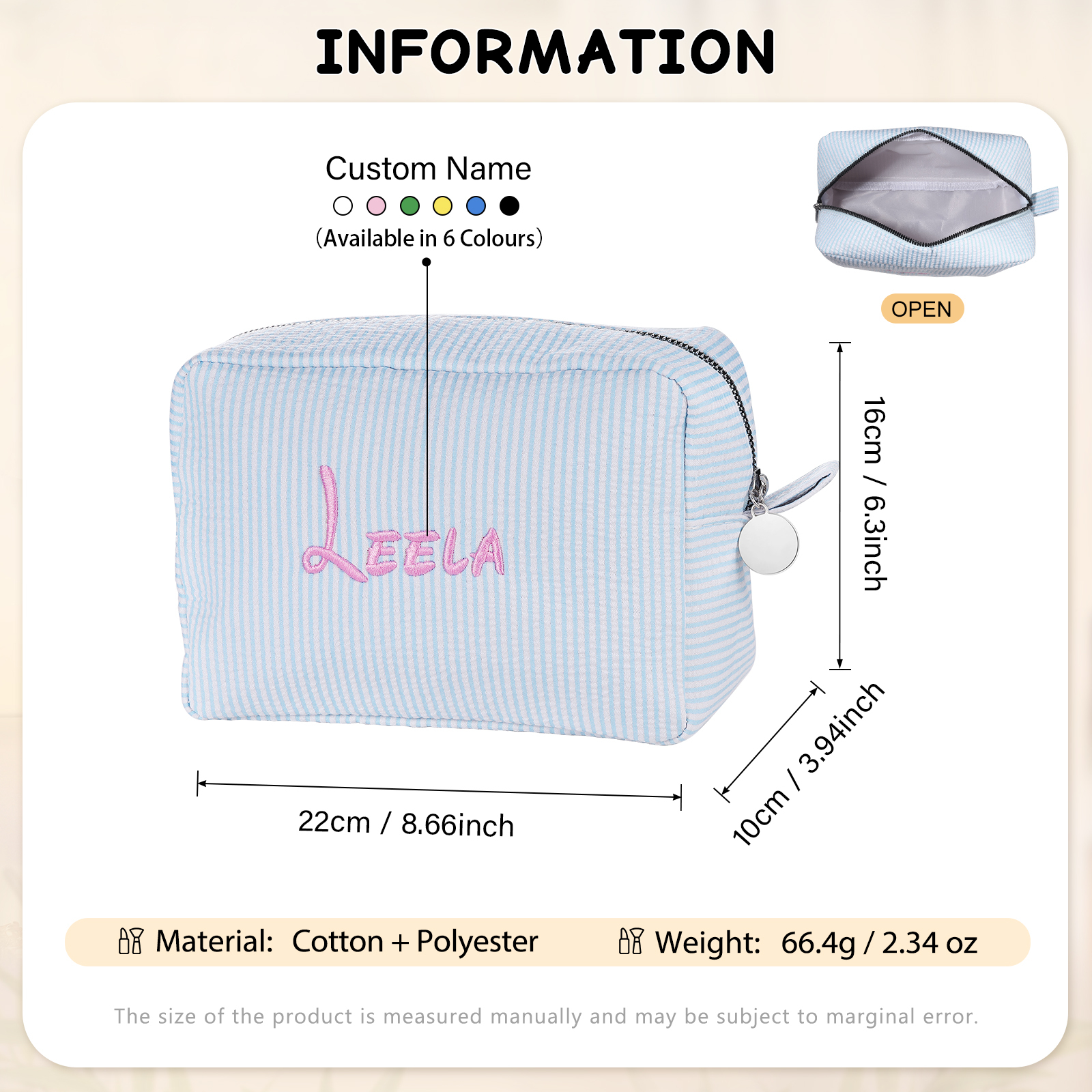 Striped Embroidered Cosmetic Case Personalised Name Makeup Bag Preppy Toiletry Pouch Seersucker Makeup Bag Bridal Sorority Gifts