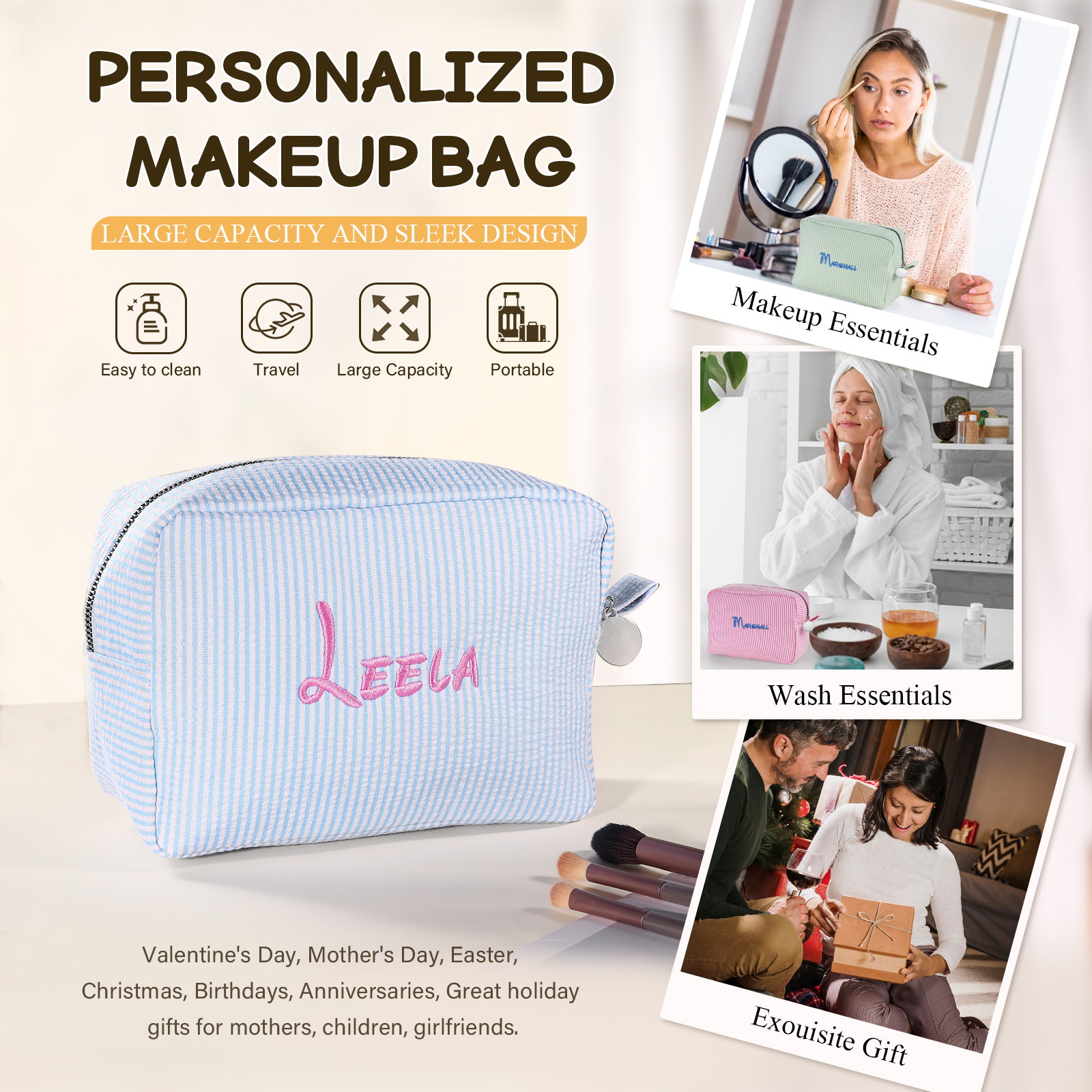 Striped Embroidered Cosmetic Case Personalised Name Makeup Bag Preppy Toiletry Pouch Seersucker Makeup Bag Bridal Sorority Gifts