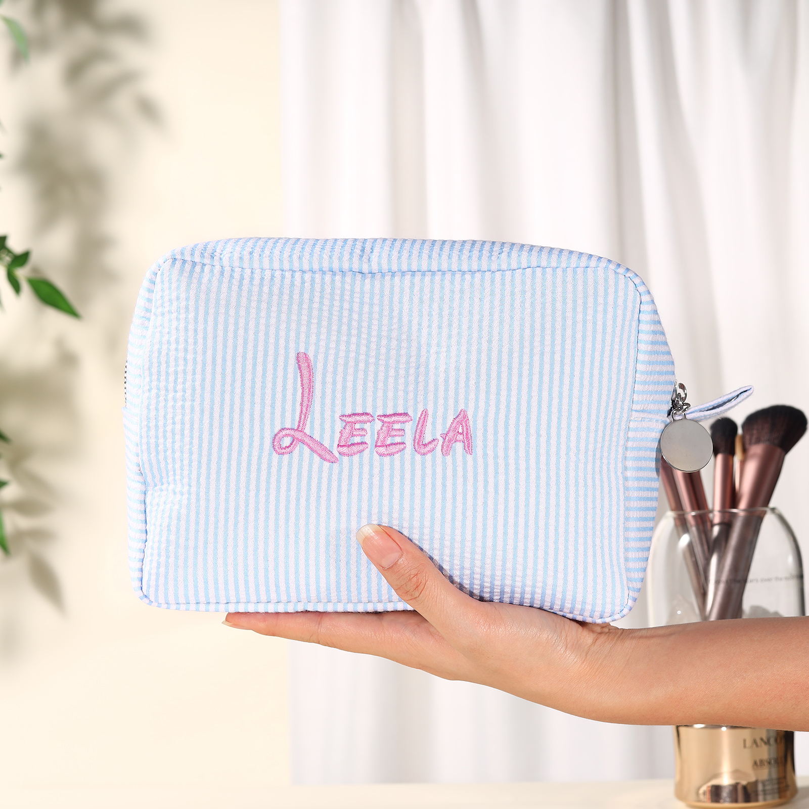 Striped Embroidered Cosmetic Case Personalised Name Makeup Bag Preppy Toiletry Pouch Seersucker Makeup Bag Bridal Sorority Gifts