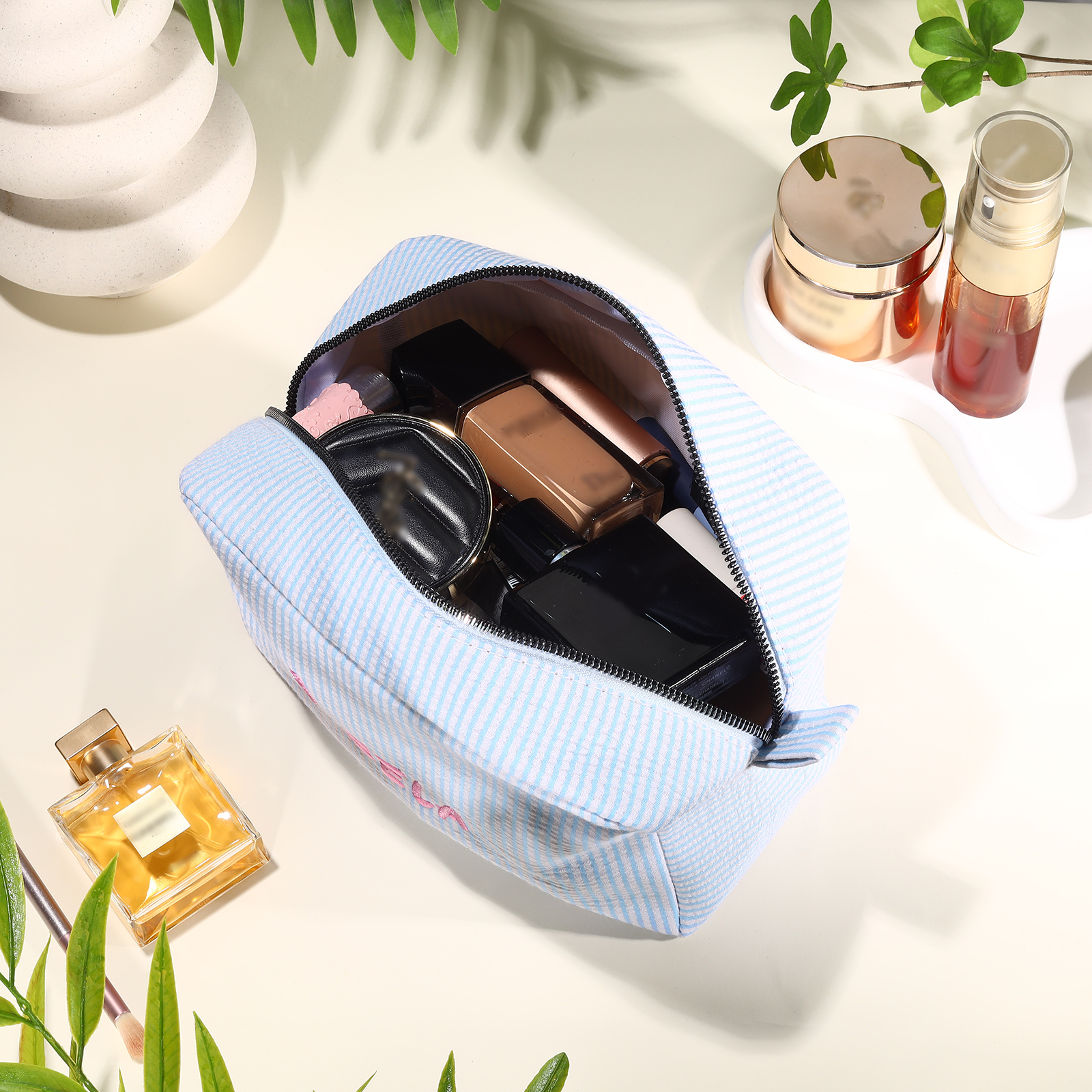 Striped Embroidered Cosmetic Case Personalised Name Makeup Bag Preppy Toiletry Pouch Seersucker Makeup Bag Bridal Sorority Gifts
