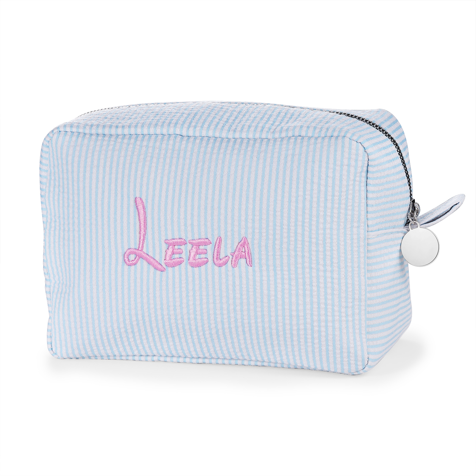 Striped Embroidered Cosmetic Case Personalised Name Makeup Bag Preppy Toiletry Pouch Seersucker Makeup Bag Bridal Sorority Gifts