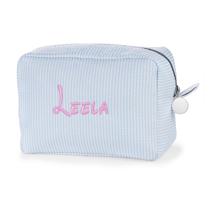 Striped Embroidered Cosmetic Case Personalised Name Makeup Bag Preppy Toiletry Pouch Seersucker Makeup Bag Bridal Sorority Gifts