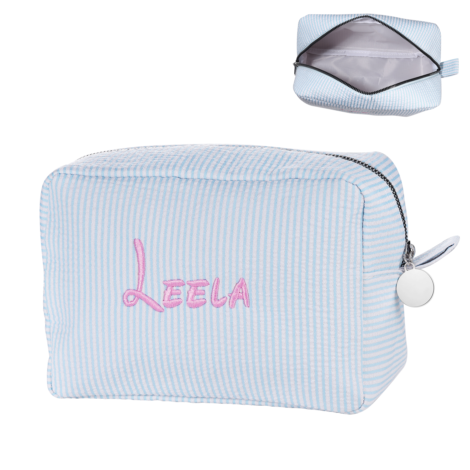 Striped Embroidered Cosmetic Case Personalised Name Makeup Bag Preppy Toiletry Pouch Seersucker Makeup Bag Bridal Sorority Gifts