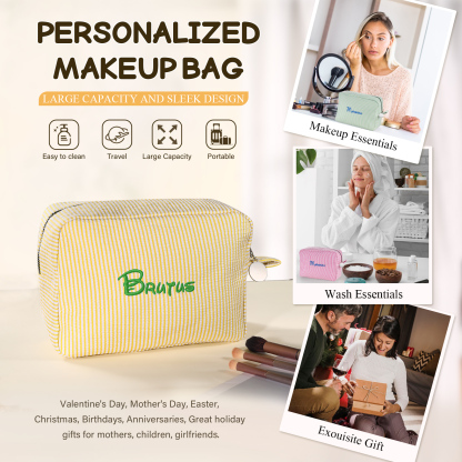 Striped Embroidered Cosmetic Case Personalised Name Makeup Bag Preppy Toiletry Pouch Seersucker Makeup Bag Bridal Sorority Gifts