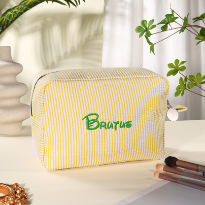 Striped Embroidered Cosmetic Case Personalised Name Makeup Bag Preppy Toiletry Pouch Seersucker Makeup Bag Bridal Sorority Gifts