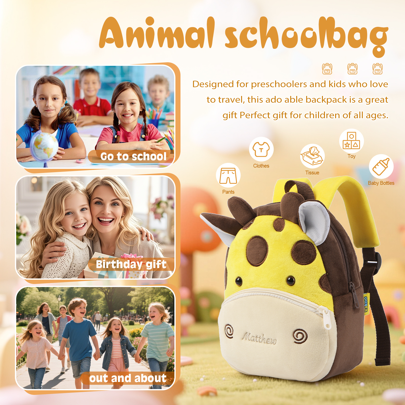 Personalised Kids School Bag with Name & Animals – Back to School Gift | Jessemade