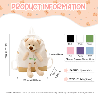 Personalised Teddy Bear Children's Backpack – Custom Name Rucksack, Cute Plush School Bag for Kids (Multiple Colours) – Back to School Gift | Jessemade