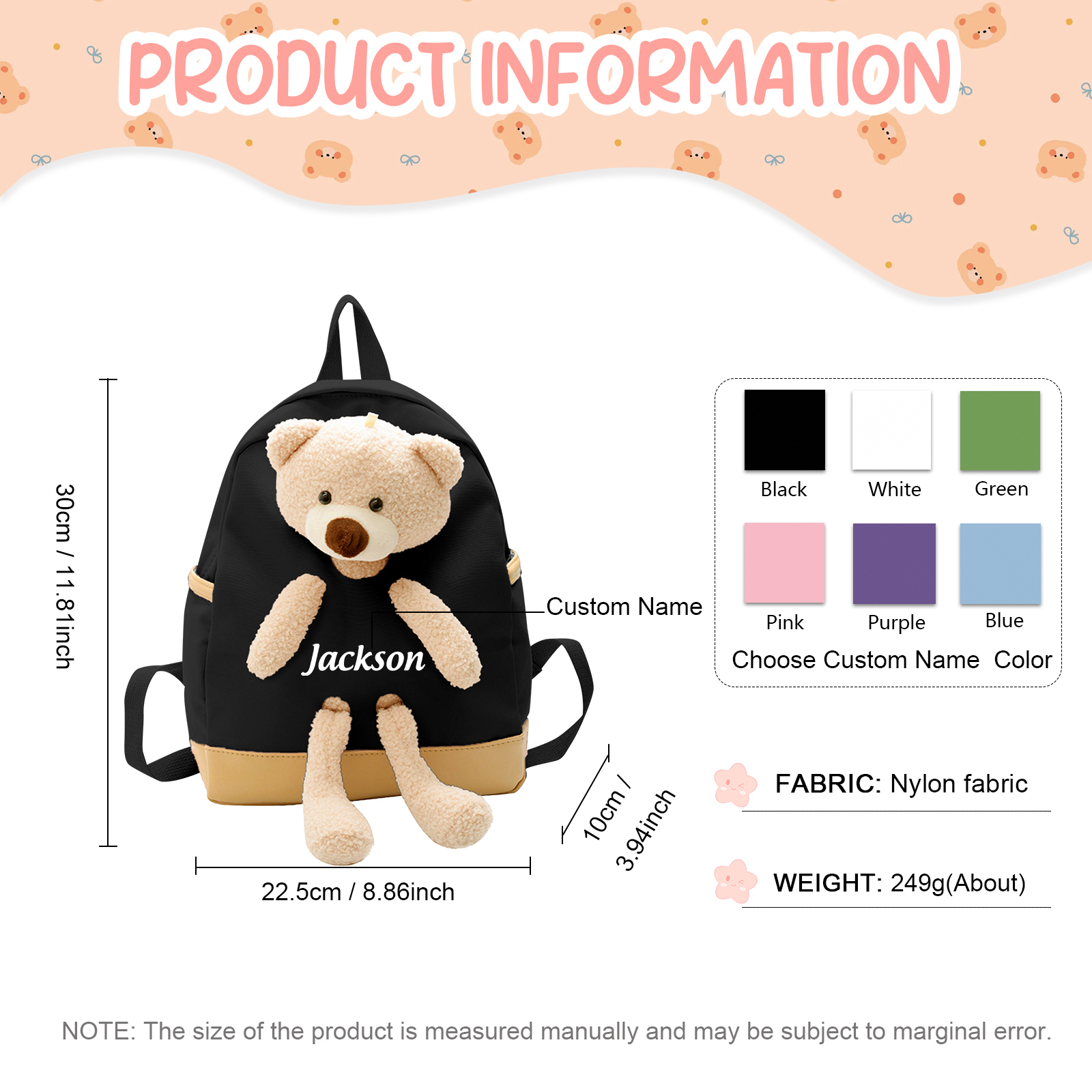 Personalised Teddy Bear Children's Backpack – Custom Name Rucksack, Cute Plush School Bag for Kids (Multiple Colours) – Back to School Gift | Jessemade