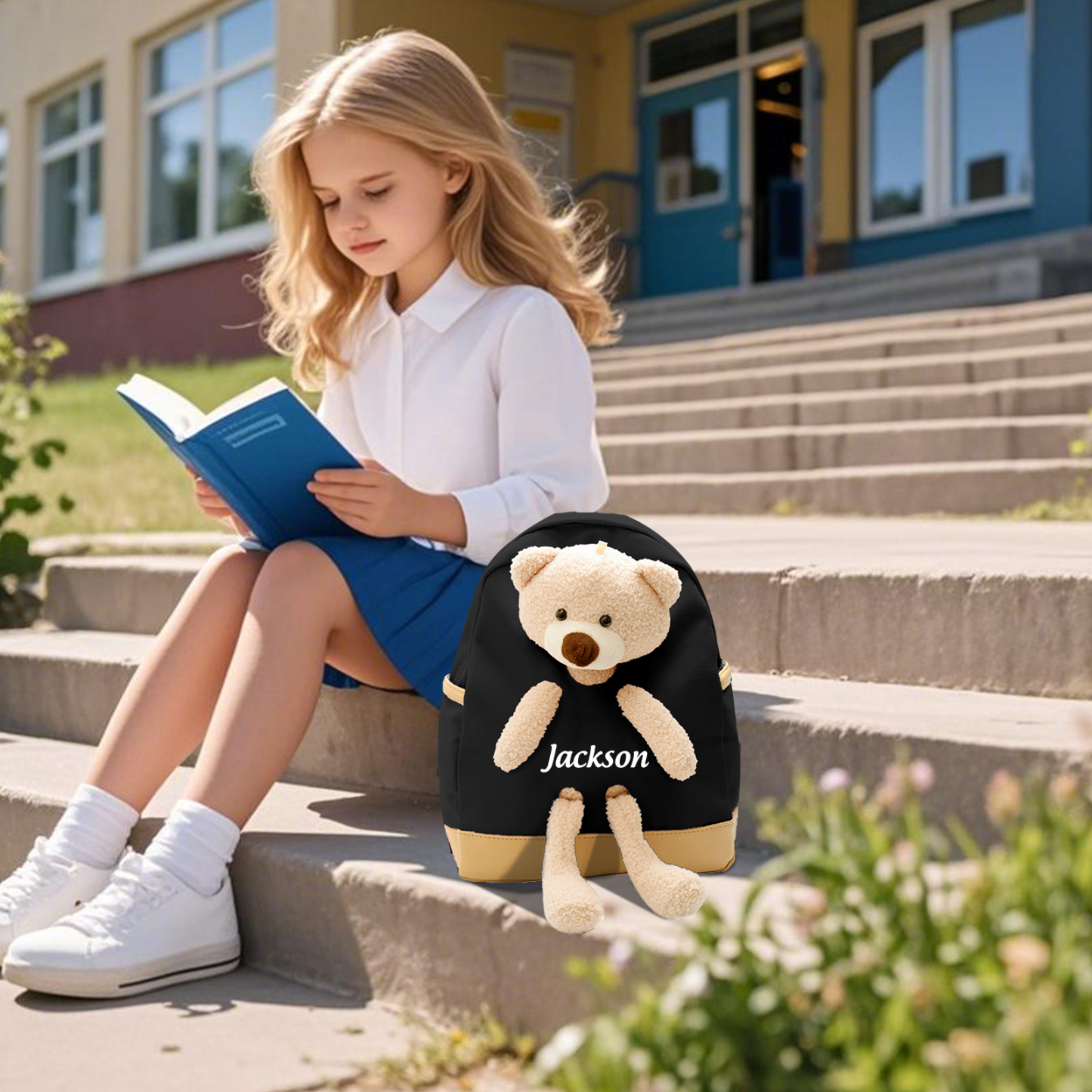 Personalised Teddy Bear Children's Backpack – Custom Name Rucksack, Cute Plush School Bag for Kids (Multiple Colours) – Back to School Gift | Jessemade