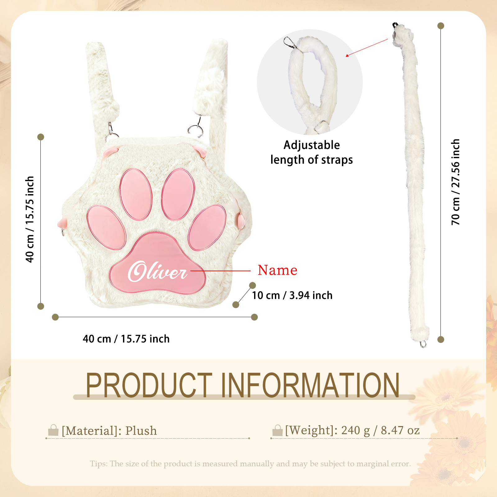 Personalised Cat Paw Backpack with Custom Name and Colour, 4 Styles | Jessemade