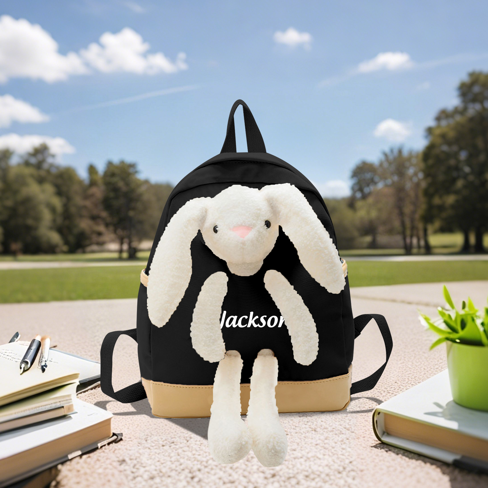 Personalised Backpack with Bunny Plush and 1 Custom Name – Back to School Gift | Jessemade