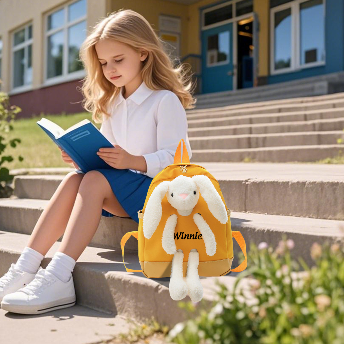 Personalised Backpack with Bunny Plush and 1 Custom Name – Back to School Gift | Jessemade