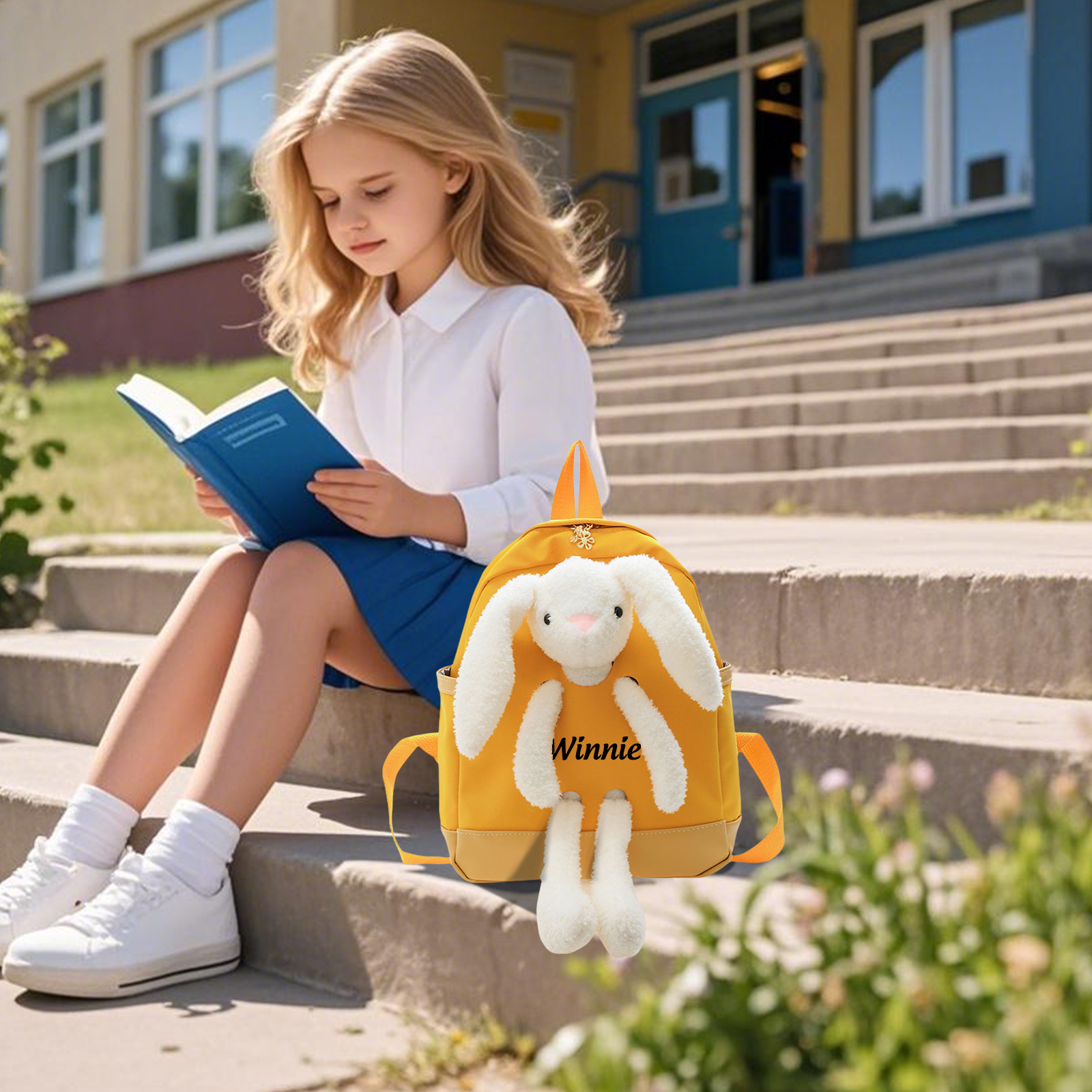 Personalised Backpack with Bunny Plush and 1 Custom Name – Back to School Gift | Jessemade