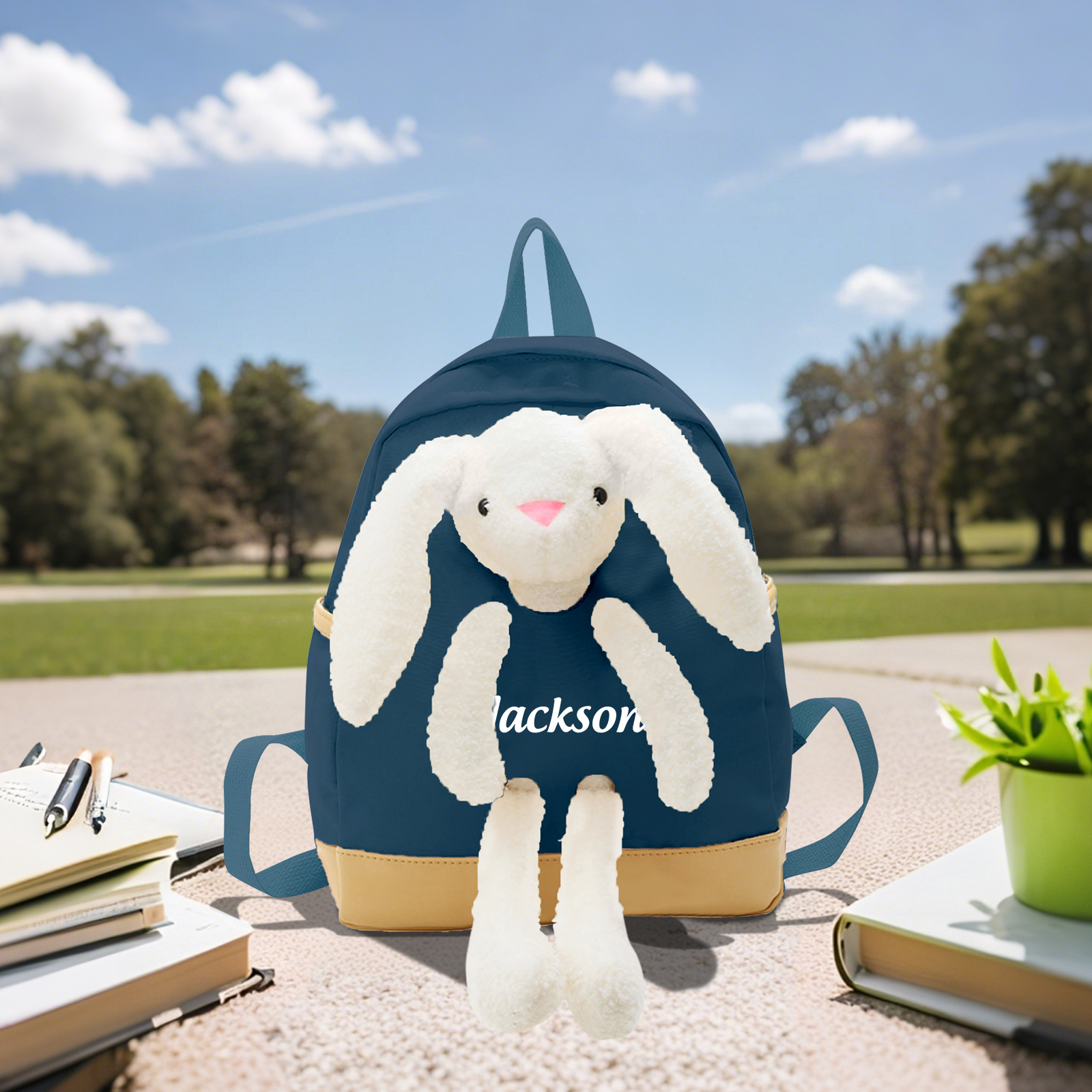 Personalised Backpack with Bunny Plush and 1 Custom Name – Back to School Gift | Jessemade