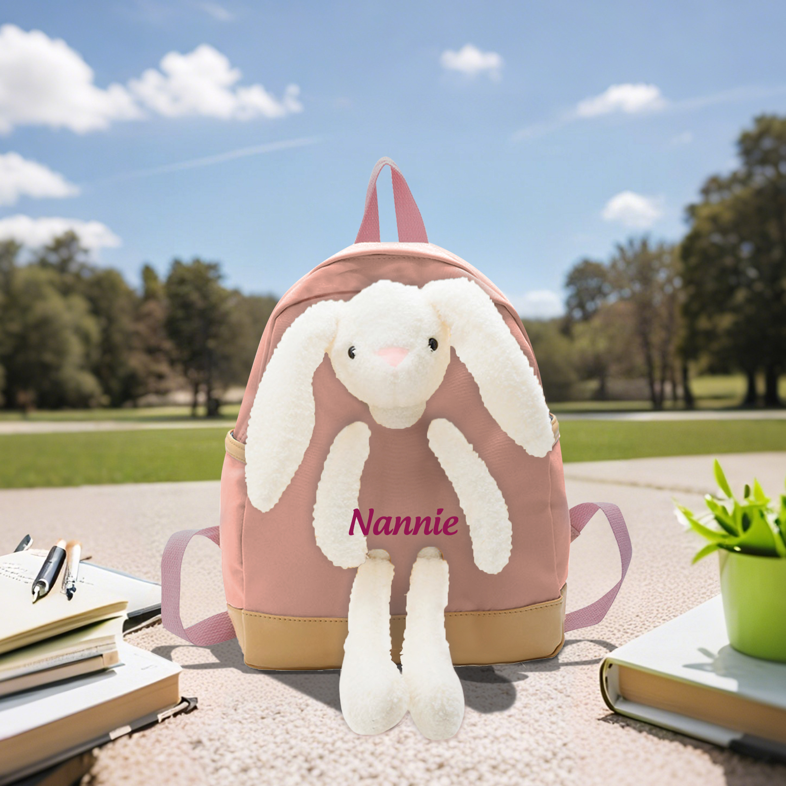 Personalised Backpack with Bunny Plush and 1 Custom Name – Back to School Gift | Jessemade