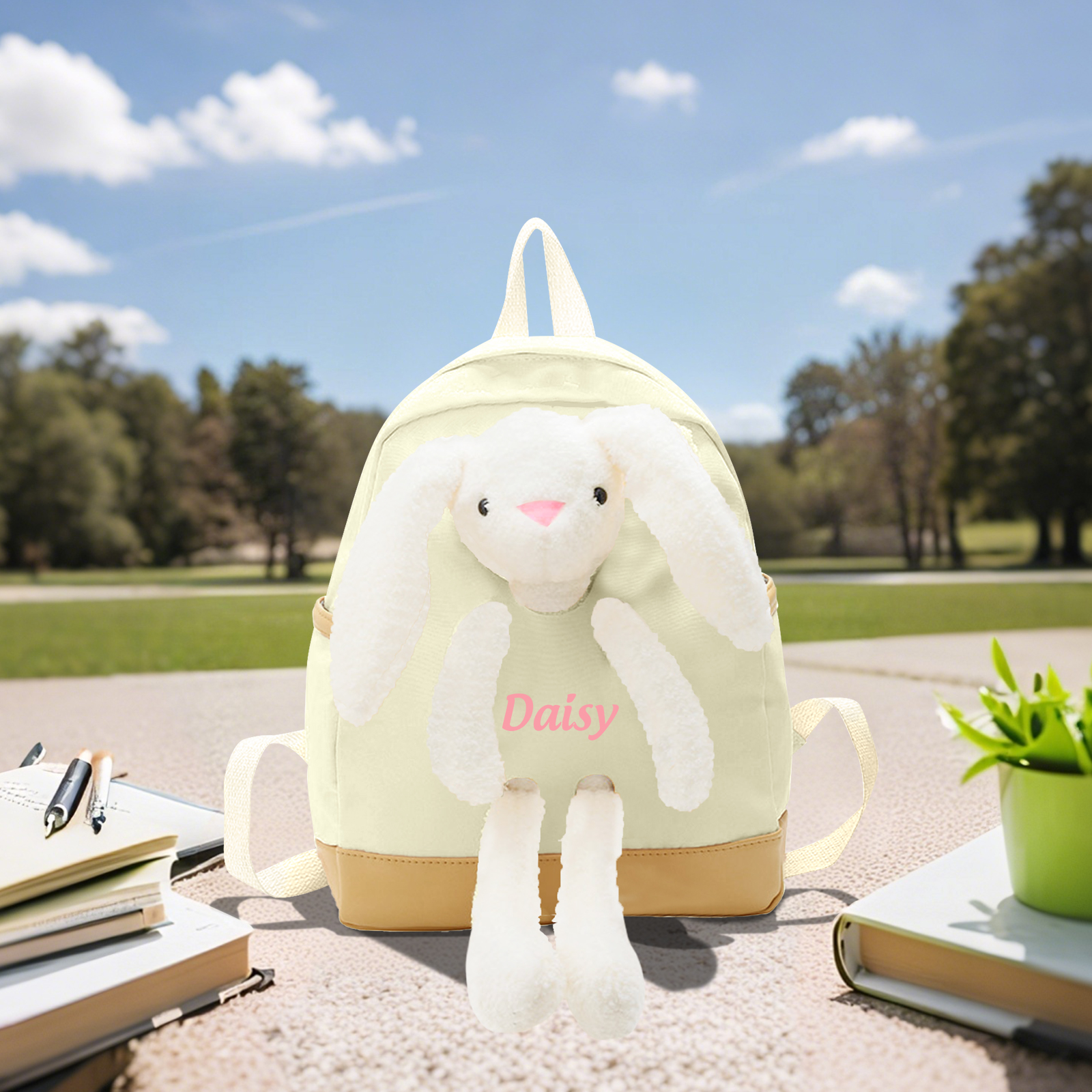 Personalised Backpack with Bunny Plush and 1 Custom Name – Back to School Gift | Jessemade