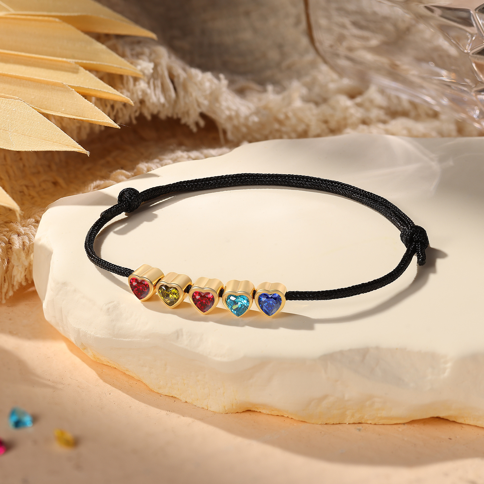 Personalised 2-5 Heart Birthstones Adjustable Rope Bracelet