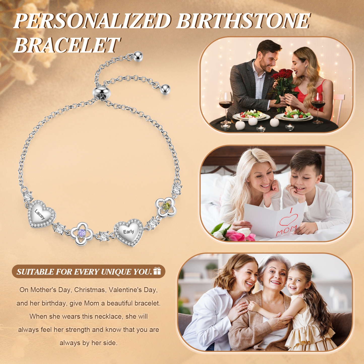 Personalised Birthstone Bracelet with Heart and Flowers, Customised with 2–5 Names and Stones