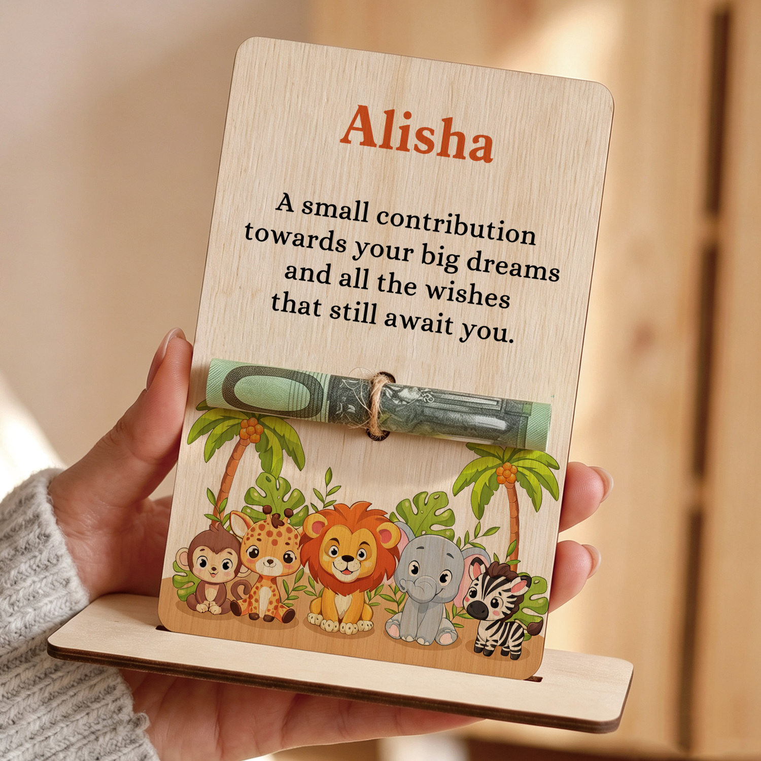 Personalised Wooden Money Holder with Name – Children's Birthday Gift Animal Design