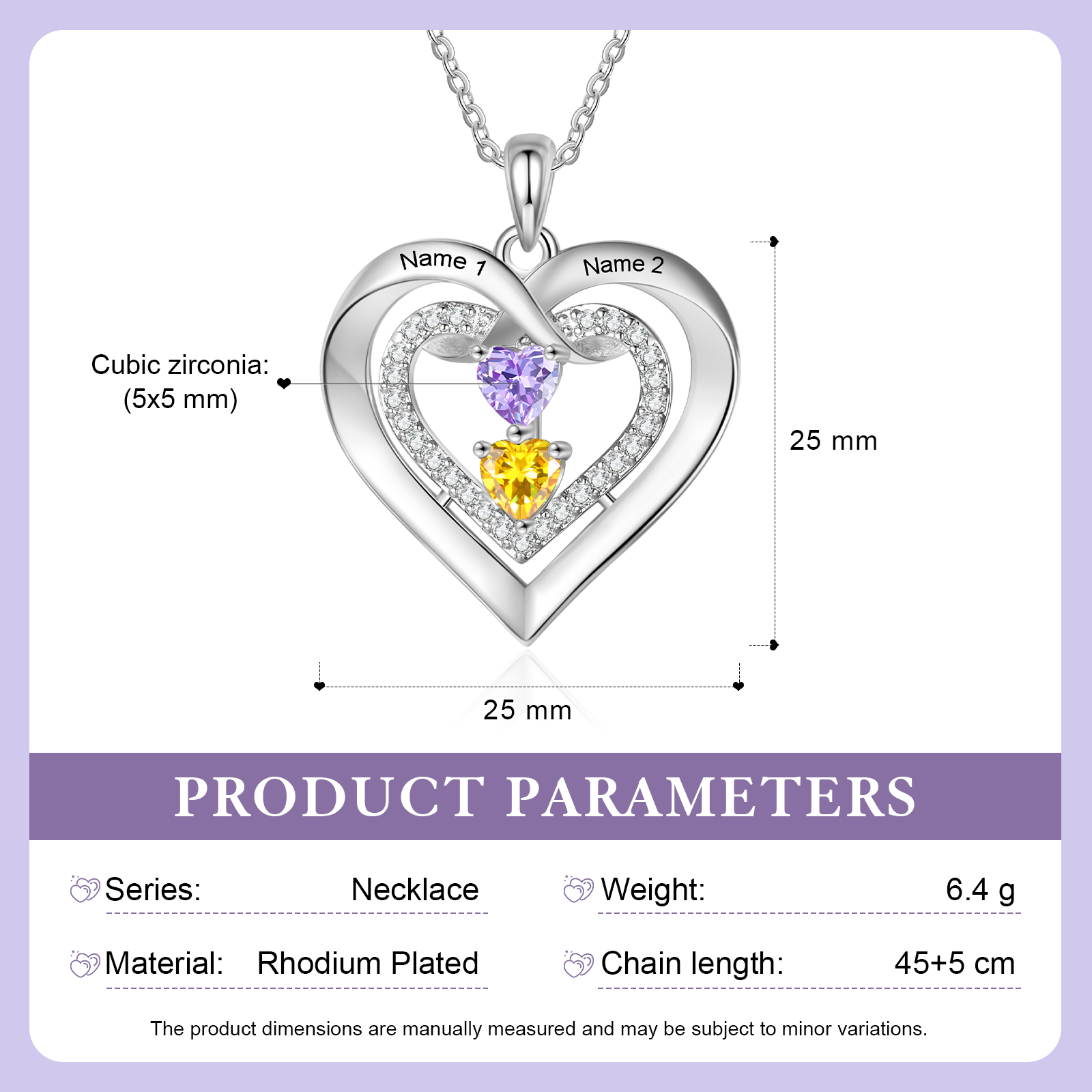 Personalised Double Heart 2-4 Birthstones Name Necklace