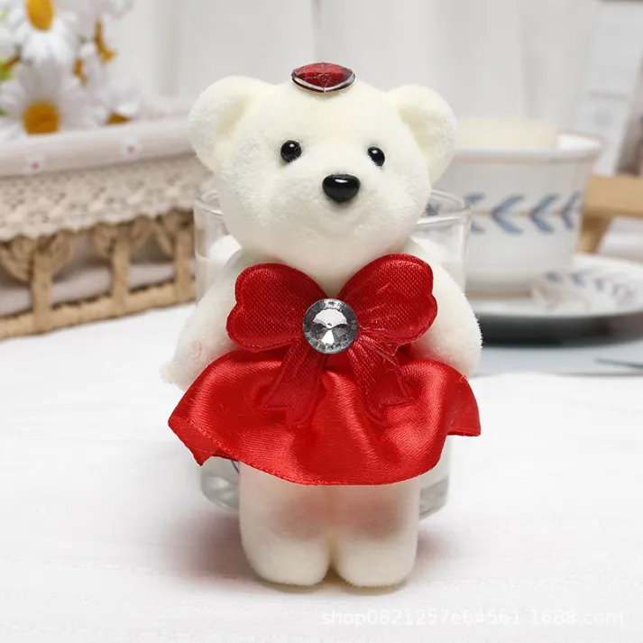 Mini Plush Bear in Red Dress – Soft Decorative Teddy Bear with Jewel Accent | Jessemade