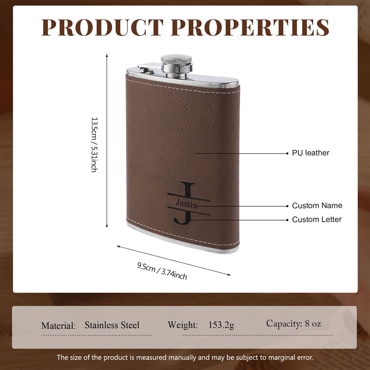 Personalised Leather Flask for Him Custom Name & Initial Ideal Gift