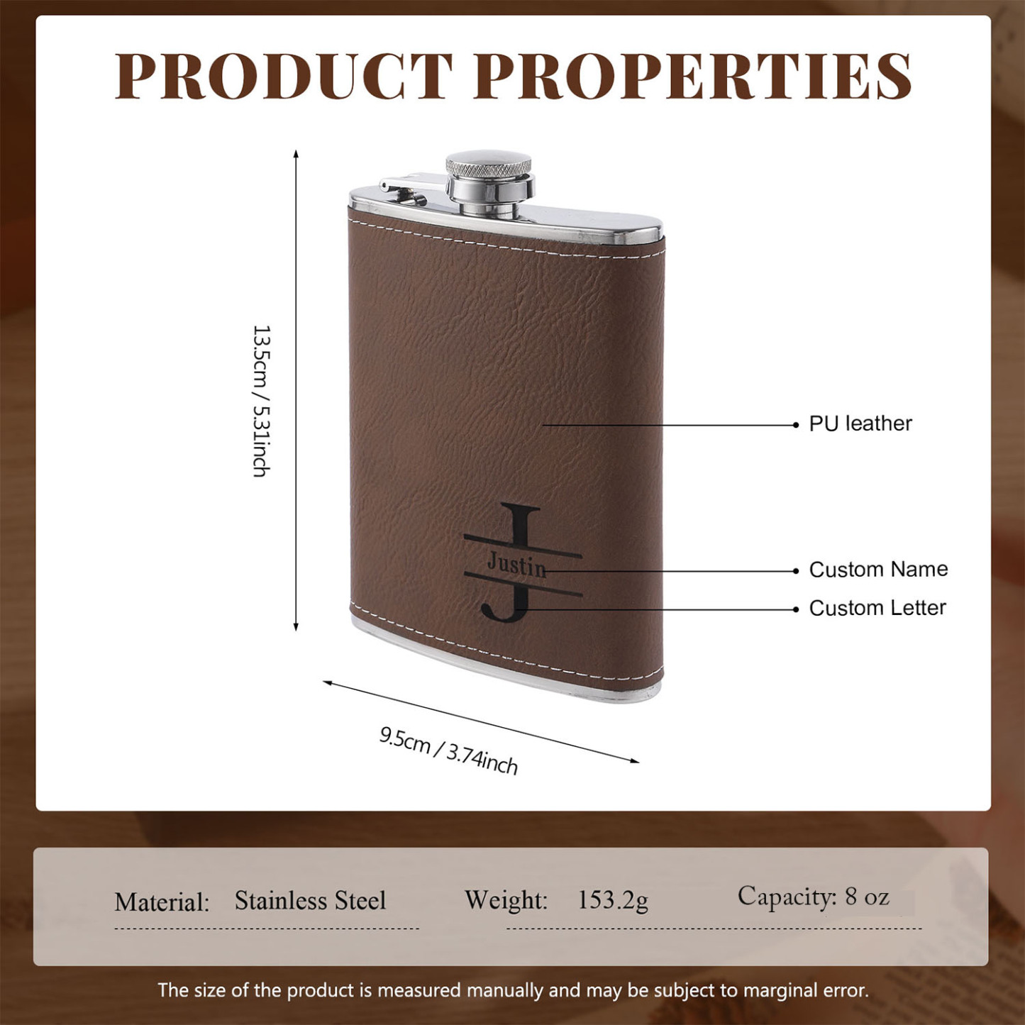 Personalised Leather Flask for Him Custom Name & Initial Ideal Gift