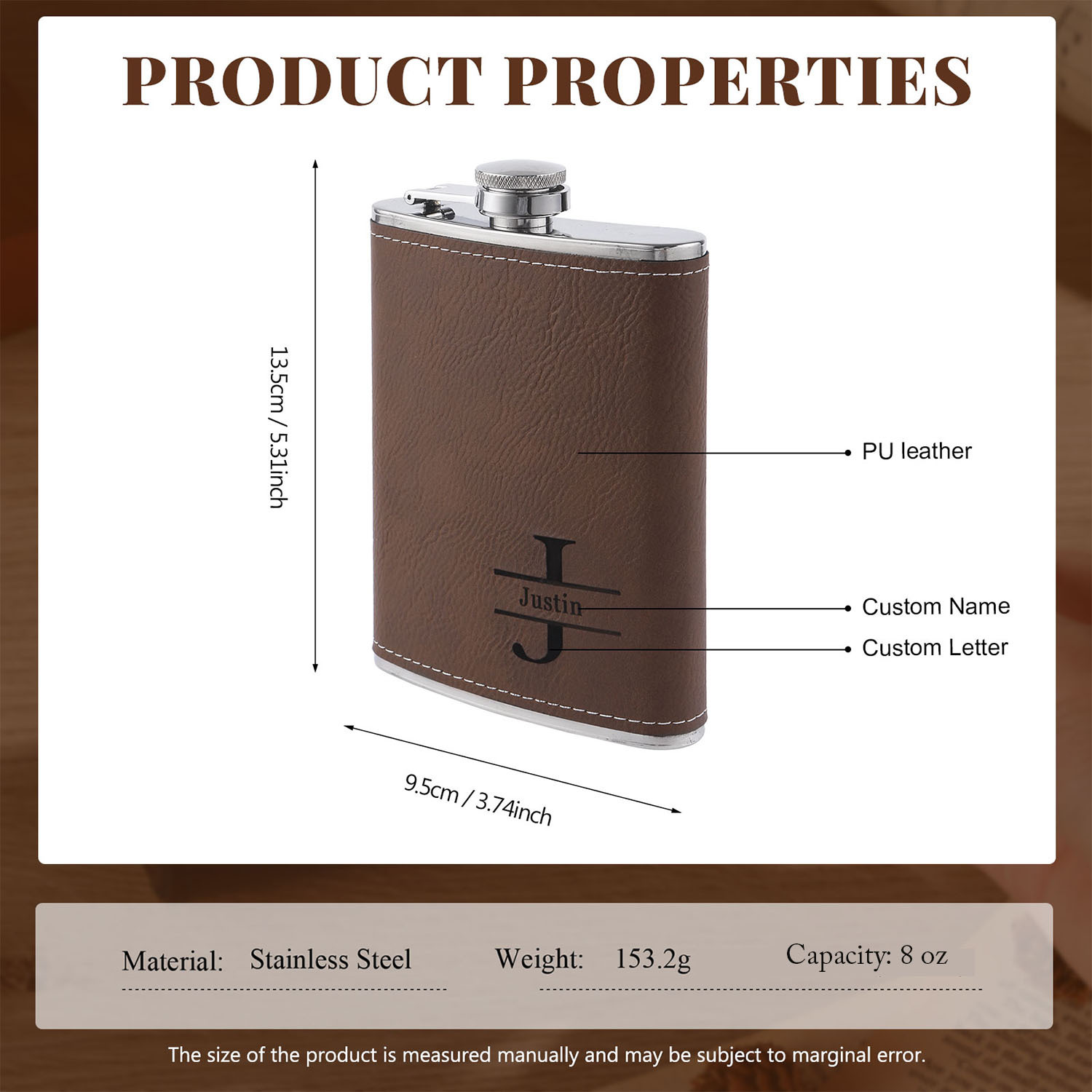 Personalised Leather Flask for Him Custom Name & Initial Ideal Gift