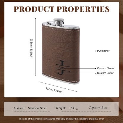 Personalised Leather Flask for Him Custom Name & Initial Ideal Gift