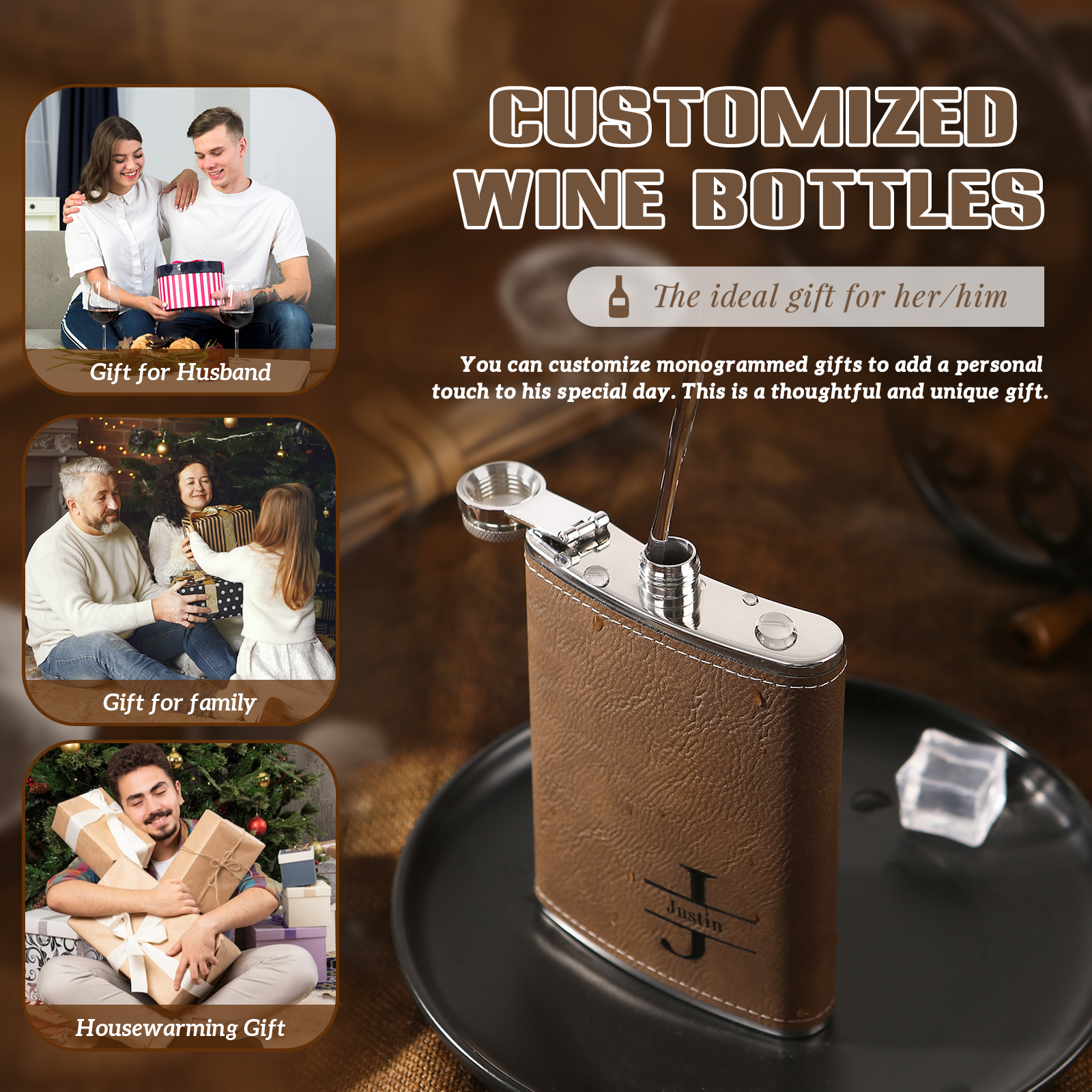 Personalised Portable Hip Flask Custom Name & Initial Gift for Him