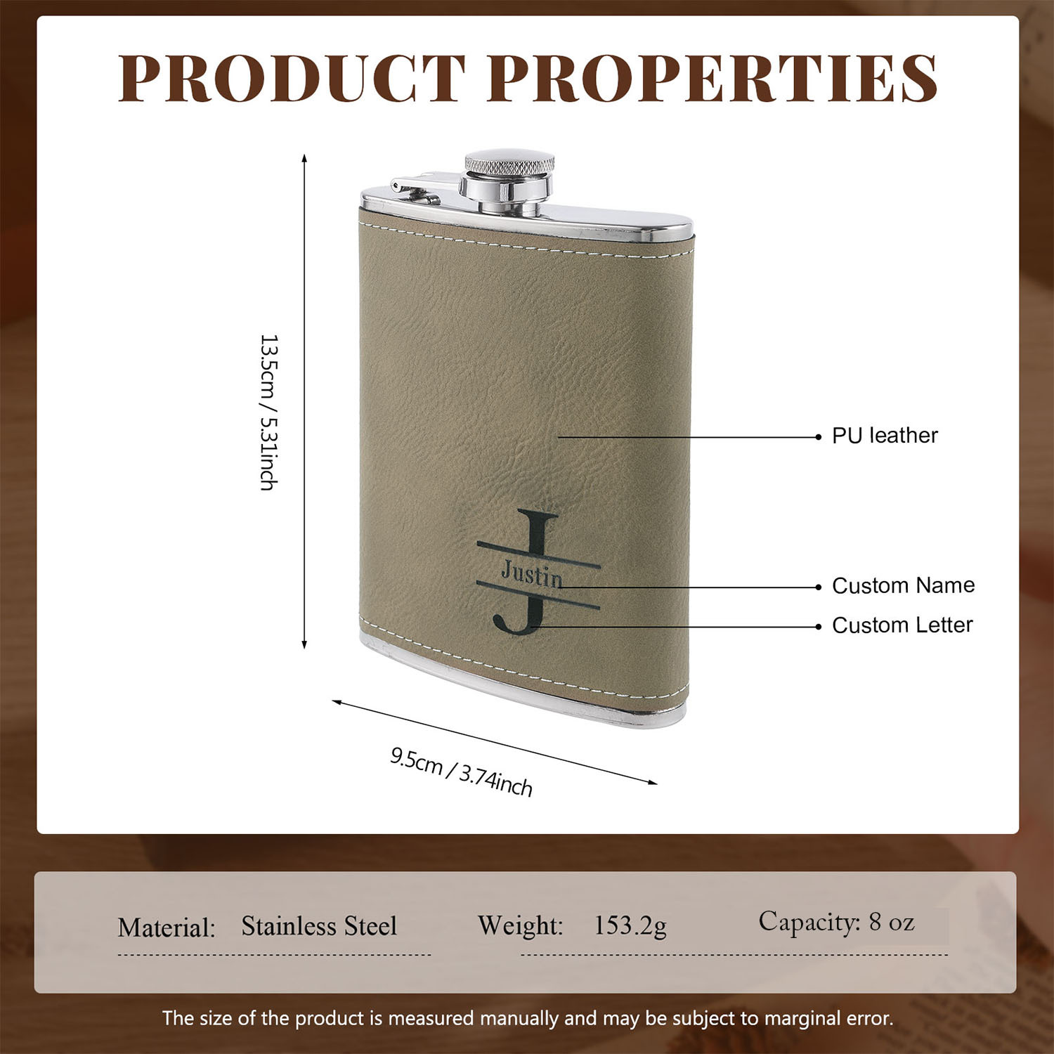 Personalised Leather Flask for Him Custom Name & Initial Ideal Gift