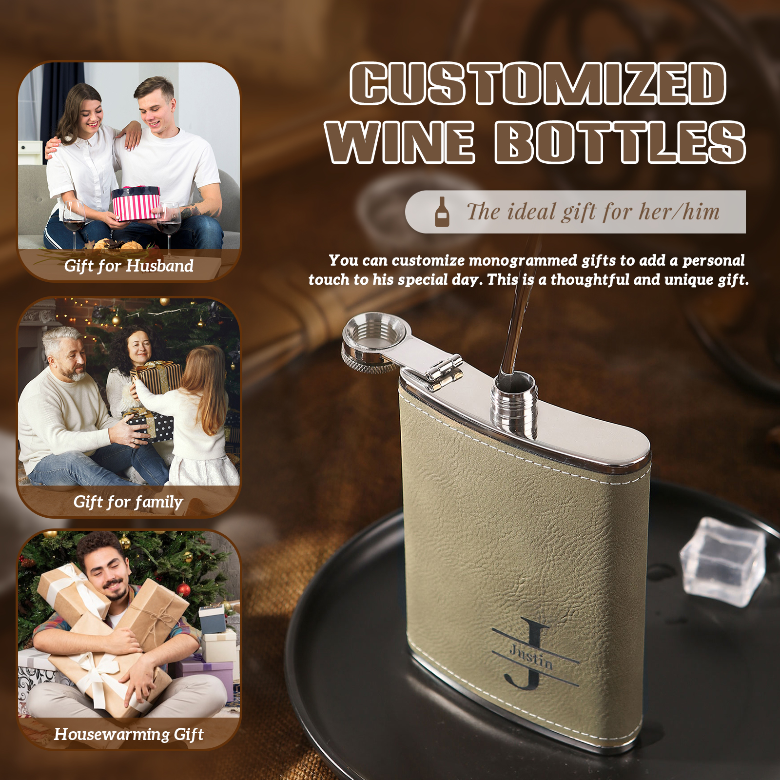 Personalised Portable Hip Flask Custom Name & Initial Gift for Him