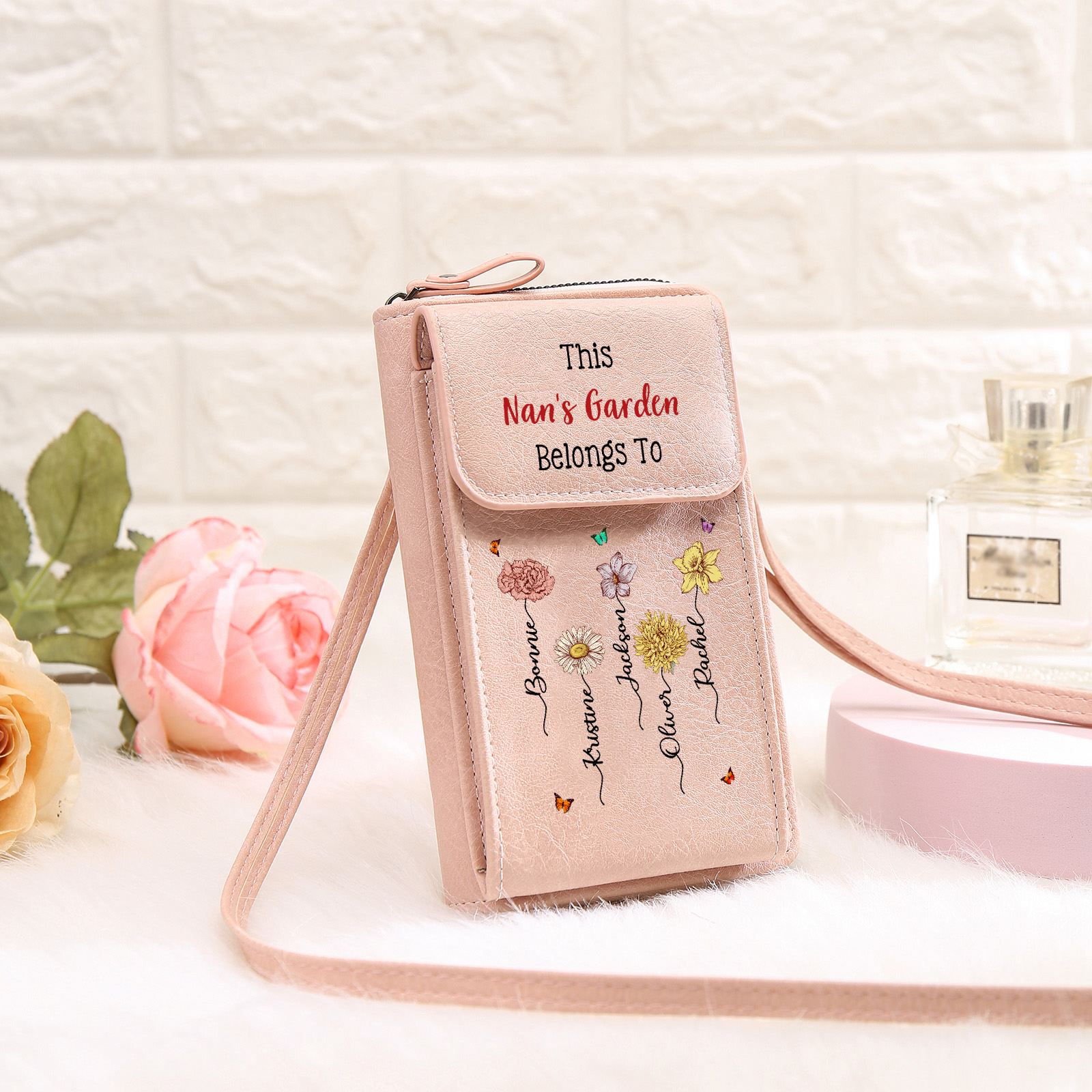 Personalised Crossbody Phone Purse Custom 1-6 Names & Birthflower Wallet Birthday Gift for Nan | Jessemade