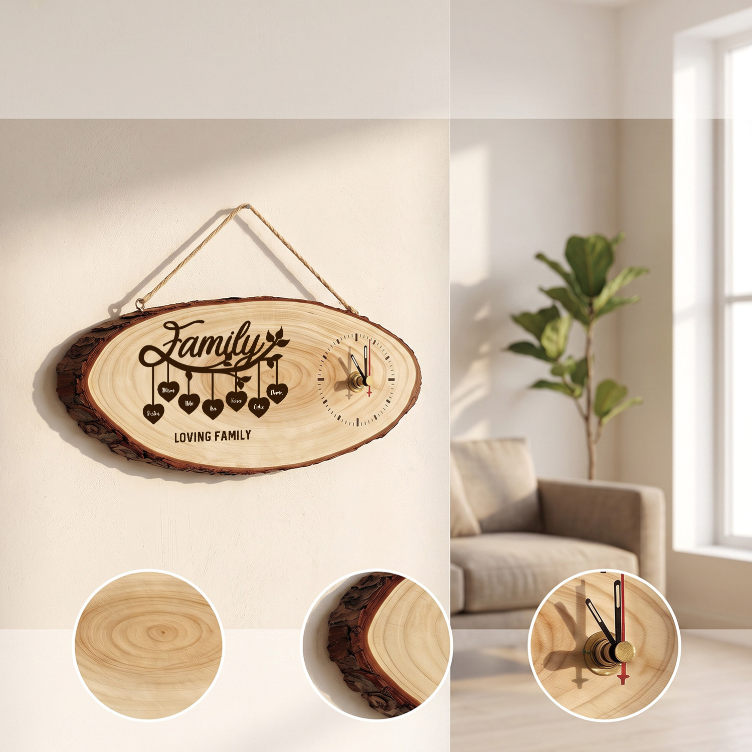 Personalised Wooden Family Tree Clock with 2 to 10 Names