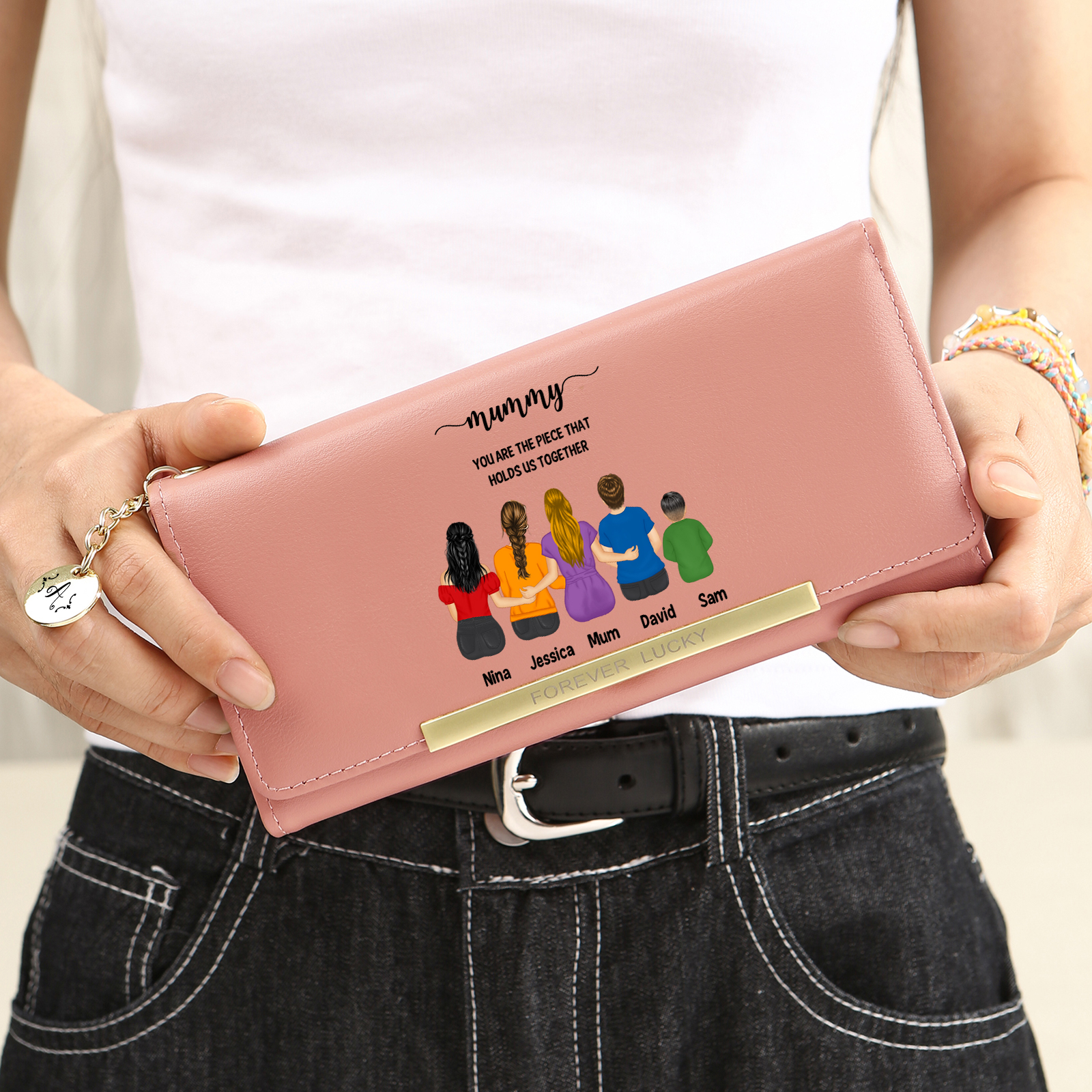 Personalised leather wallet for Mum with 1–6 child figures and names